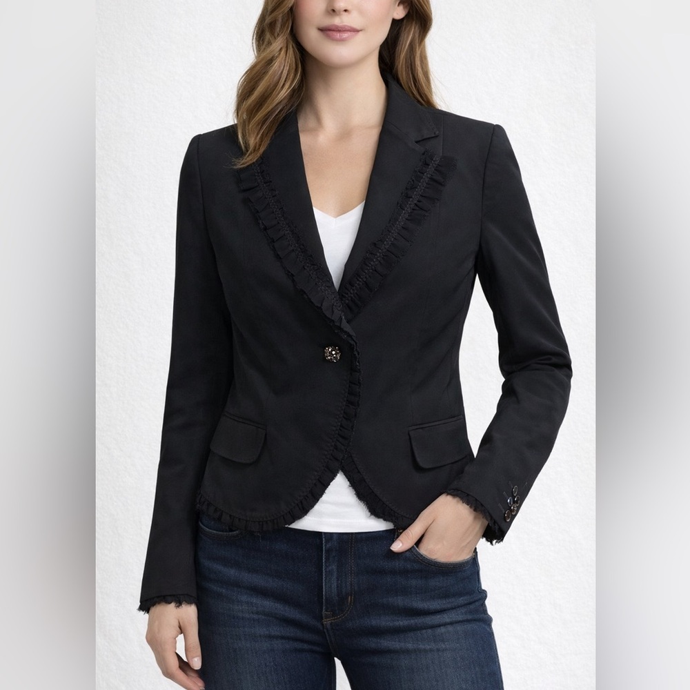 The Limited Black Ruffle Lace Trim Rhineston Button Closure
Blazer Jacket size 4